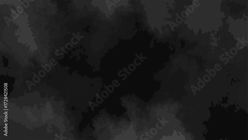 Dark abstract grunge background with smoky textures and cloudy formations in black and gray tones. Chaotic, atmospheric design resembling a cosmic nebula or ink in water effect.