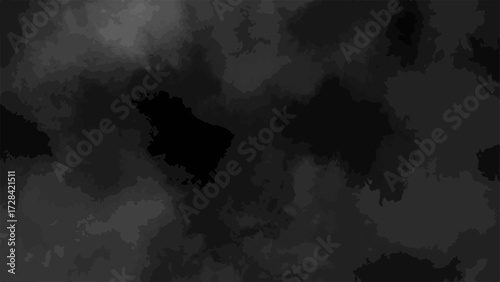 Dark abstract grunge background with smoky textures and cloudy formations in black and gray tones. Chaotic, atmospheric design resembling a cosmic nebula or ink in water effect.