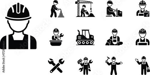 Construction worker icons set diverse industrial professionals and tools for building and engineering projects
