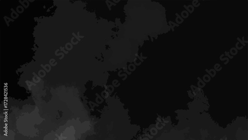 Dark abstract grunge background with smoky textures and cloudy formations in black and gray tones. Chaotic, atmospheric design resembling a cosmic nebula or ink in water effect.