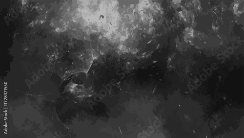 Dark abstract grunge background with smoky textures and cloudy formations in black and gray tones. Chaotic, atmospheric design resembling a cosmic nebula or ink in water effect.