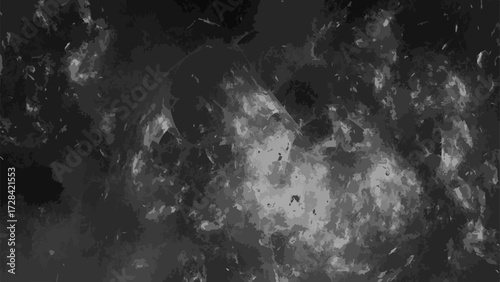 Dark abstract grunge background with smoky textures and cloudy formations in black and gray tones. Chaotic, atmospheric design resembling a cosmic nebula or ink in water effect.