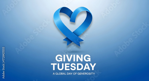 Blue ribbon shaped into a heart symbolizing giving tuesday and charitable giving on a gradient background