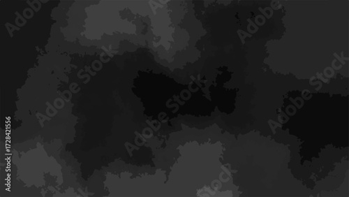 Dark abstract grunge background with smoky textures and cloudy formations in black and gray tones. Chaotic, atmospheric design resembling a cosmic nebula or ink in water effect.