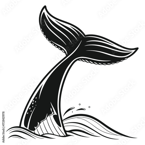 Black and white illustration of a whale's tail emerging from the ocean waves.
