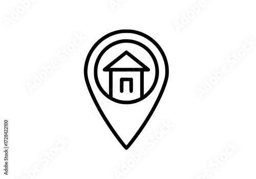 Vector art of minimalist black and white location pin icon with house symbol for real estate or navigation apps