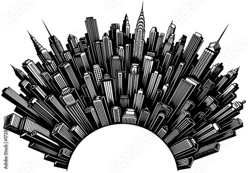 Vector art of panoramic illustration of a dense urban skyline with modern skyscrapers and cityscape