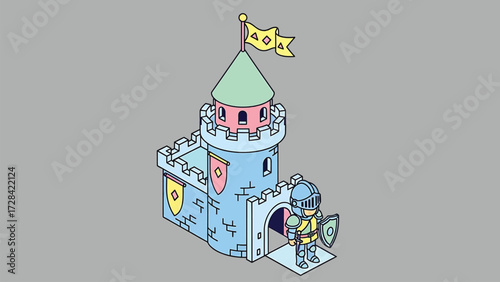 Whimsical Chivalric Keep with Armored Guardian in Pastel Palette Vector Art