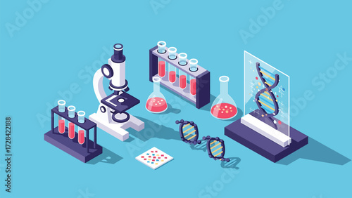 Vector Isometric Biotechnology Study: DNA Sequencing Visualized with Lab Microscopes, Flasks, and Chemical Vials