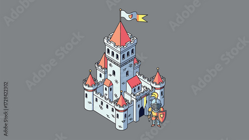Isometric Fantasy Castle with Knight Guardian Vector Illustration on Grey Background