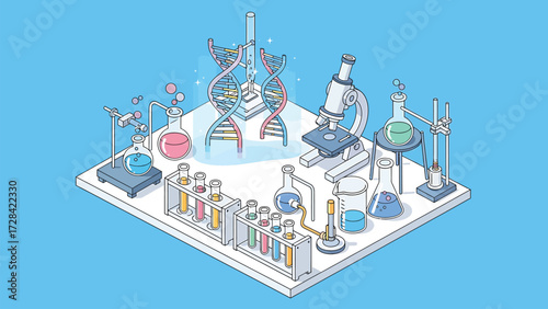 Detailed Vector Isometric Science Lab with DNA Helix, Microscope, and Chemistry Equipment for Research
