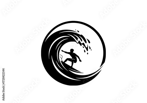 Vector art of surfer riding stylized monochrome wave logo, minimalist design