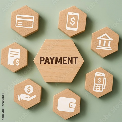 Payment Systems and Financial Technology Development. Wooden hexagonal blocks with payment icons, representing transaction processing, digital payments and fintech workflow strategy concept.
