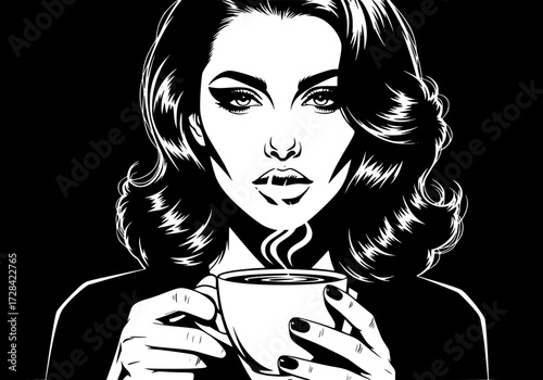Vector art of vintage black and white illustration of woman sipping coffee with dramatic shadows and elegant hairstyle