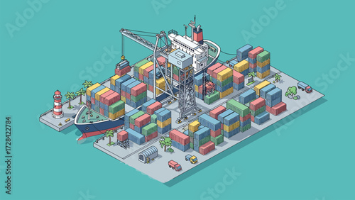 Worldwide Commerce Vector Scene: Isometric Port with Container Stacks, Ship, and Loading Cranes
