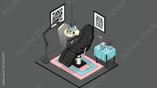 Vector Isometric Tattoo Studio: Professional Chair, Machine, and Flash Art Setup