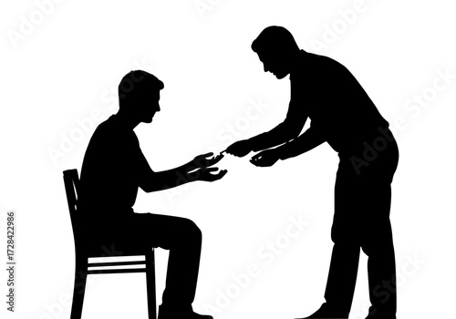 Vector art of silhouette of two people engaged in handshake or transactional gesture against plain background
