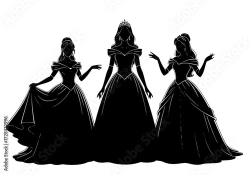 Vector art of elegant silhouettes of three women in ball gowns with graceful poses and regal stance