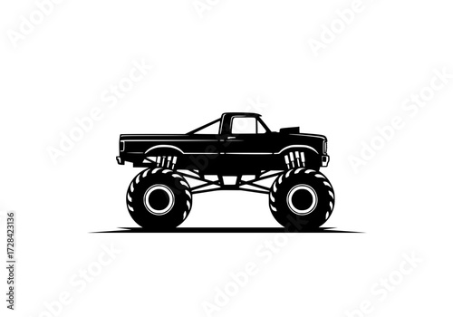 Vector art of black silhouette of monster truck with large tires and lifted chassis
