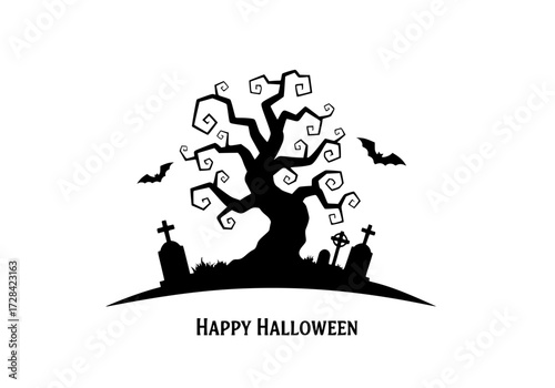 Vector art of spooky halloween tree with bats and graveyard scene