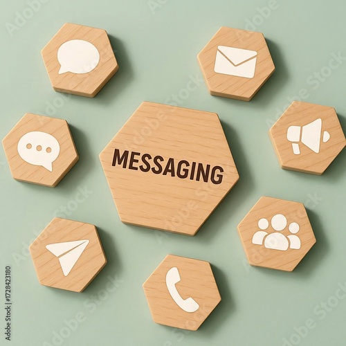 Digital Messaging and Communication Development. Wooden hexagonal blocks with messaging icons, representing chat systems, communication strategy and messaging platform workflow concept.