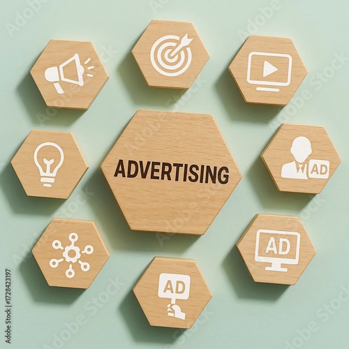 Advertising Campaign Development Strategy. Wooden hexagonal blocks with advertising icons on pastel background, representing creative campaigns, media planning and advertising workflow concept.