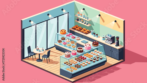 Isometric Bakery Interior Vector Illustration with Assorted Cakes and Coffee Station, Modern Flat Design