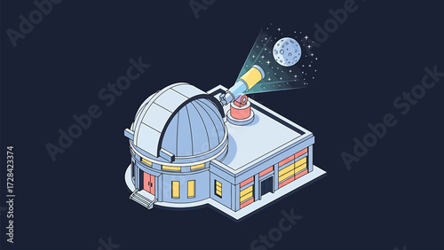 Isometric Vector Observatory with Telescope Observing the Moon and Stars at Night
