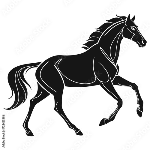 A stylized black horse silhouette with white outlines, captured mid-trot on a clean white background, showcasing its muscular form and flowing mane.