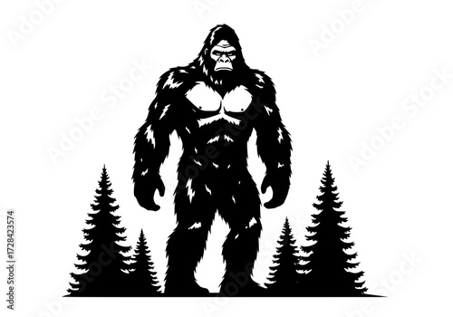 Vector art of mysterious silhouette of bigfoot standing among tall pine trees in dark forest