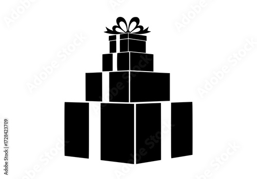 Vector art of stacked black gift boxes with ribbons