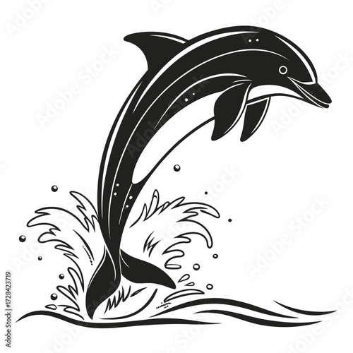 A black and white graphic illustration of a joyful dolphin leaping out of the water with a splash.