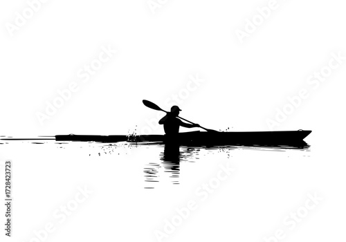 Vector art of silhouette of kayaker paddling on calm water at dusk with minimalist reflection