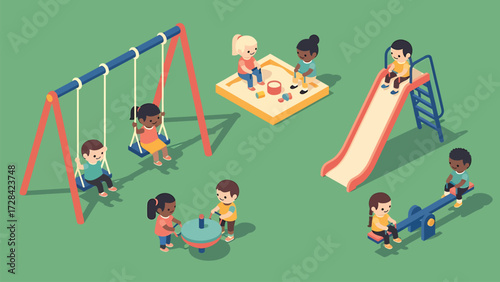 Dynamic Vector Isometric Playground: Diverse Kids Enjoying Swings, Slide, Sandbox, and Seesaw in a Lively Childhood Scene