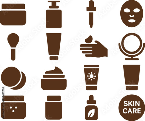 A clean and minimal set of 16 solid color flat icons representing skin care and beauty routines