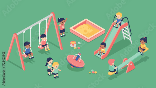 Isometric Playground Fun: Diverse Children Playing Together, Modern Vector Illustration of Outdoor Activities for Kids