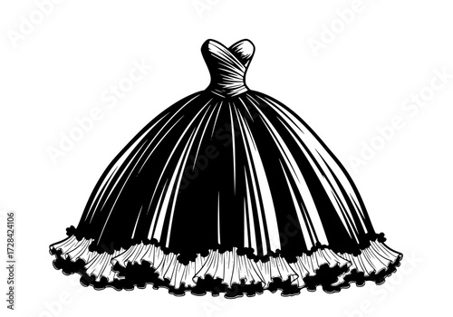 Vector art of elegant black ball gown with floral hemline and corset bodice