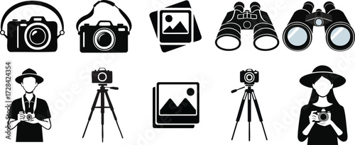 Sightseeing Trip. A collection of photography-related icons depicting cameras, binoculars, and photographers in various poses.