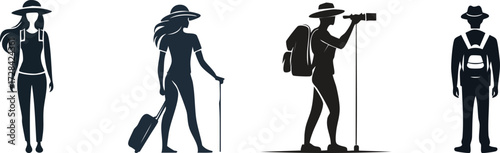Sightseeing Trip. Four silhouettes of travelers with hats and backpacks, depicting various outdoor activities and adventure themes.