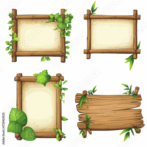 Set of four wooden bamboo frame signboards with parchment paper and green leaves decoration natural rustic wood plank banners vector