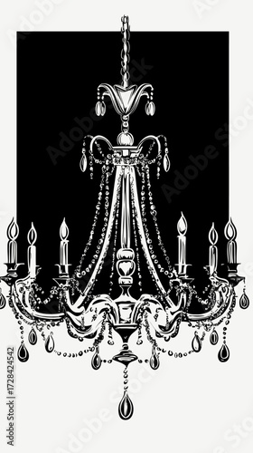Elegant vintage chandelier with multiple candle lights and hanging crystal beads black and white vector outline illustration on dark background detailed decorative lighting fixture design