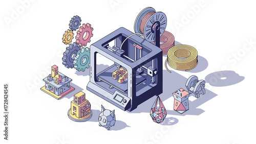 Vector Isometric 3D Printing Process Illustration: Additive Manufacturing and Modern Prototyping Technology