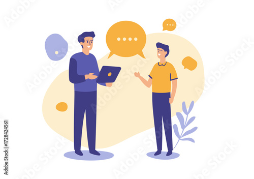 Two men having conversation with speech bubbles above them, business communication, casual discussion, professional interaction in flat minimalist style vector illustration