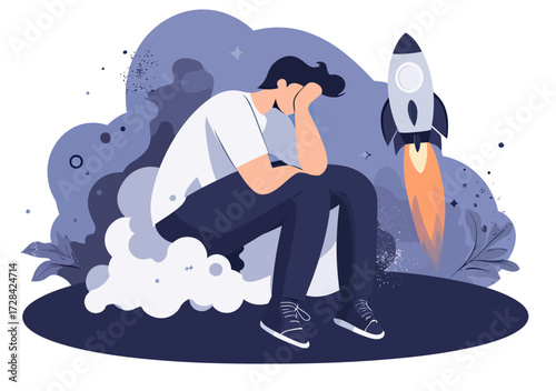Sad businessman sitting with head in hands near failed rocket launch metaphor for startup failure and business risk concept in flat vector style