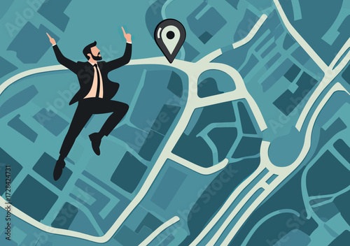 Businessman jumping between location pins on digital map navigation indicating office relocation, business move, and location transfer concept in flat vector style