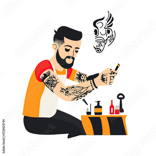 Tattoo artist with tattoos on arms using tattoo machine to create tribal style tattoo on arm with ink bottles and tattoo equipment in flat minimalist vector style