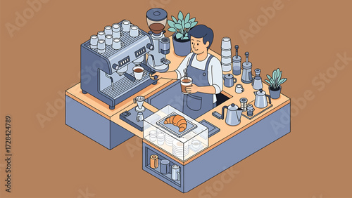 Vector Isometric Barista Illustration: Male Coffee Maker Crafting Drinks at Modern Cafe Counter with Espresso Machine