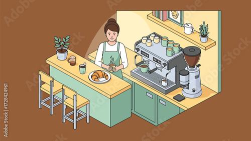 Isometric Vector Illustration: Smiling Barista Serving Coffee and Croissant in a Modern Cafe Setting