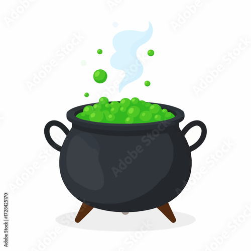 Cartoon image of a black cauldron filled with bubbling green potion and white smoke.