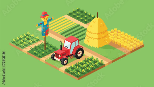 Isometric Farm Scene Vector Illustration with Scarecrow, Tractor, and Harvested Crops on Green Background